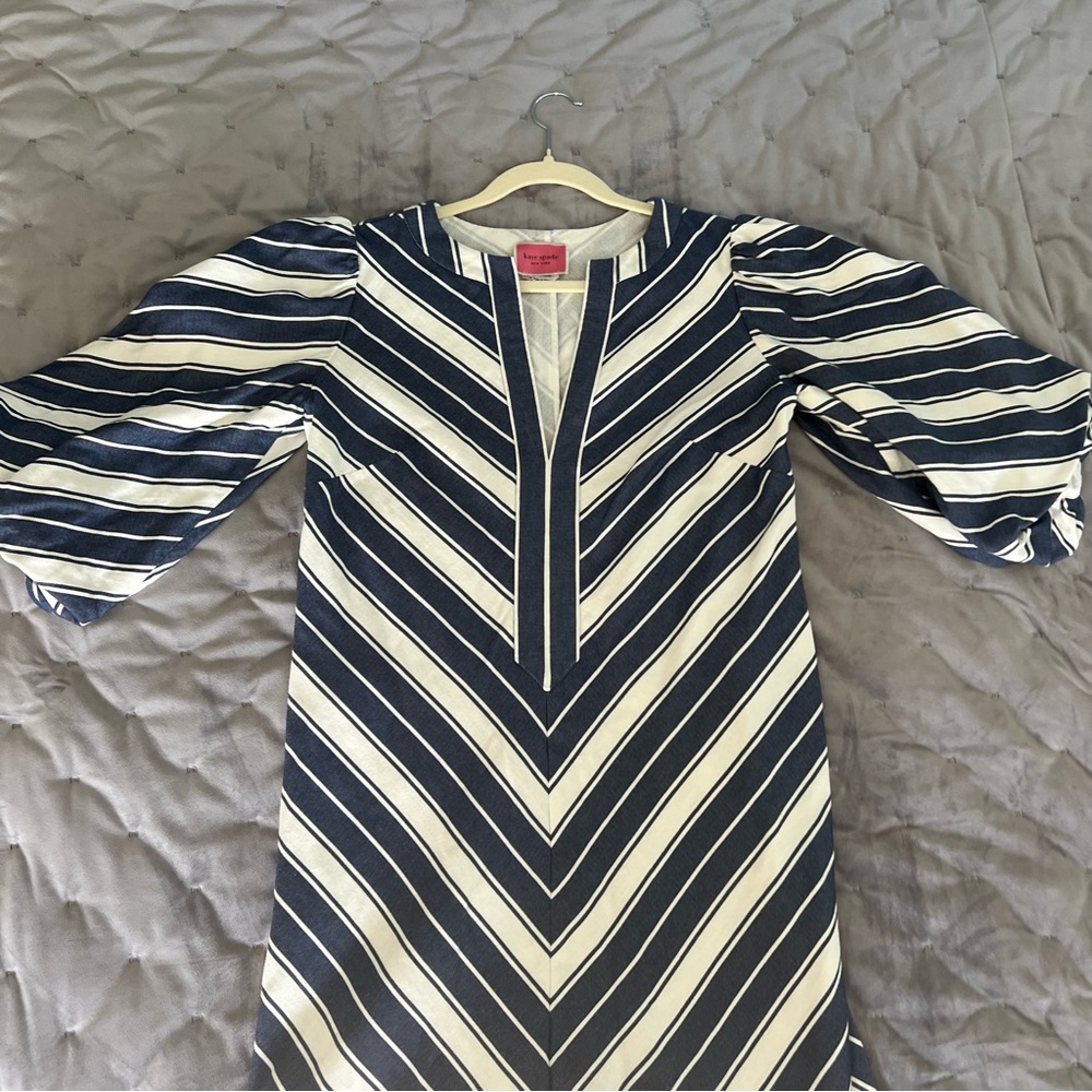 Kate Spade Blue and White Sheath Dress with Bishop Sleeves